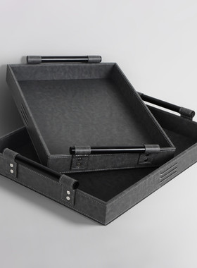 热销现代简约高端皮质托盘样板房售楼处轻奢摆件客厅茶几桌面装饰