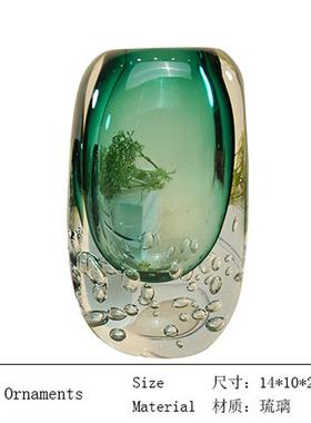 轻奢气泡透明水晶琉璃底部蓝色玻璃花瓶摆件创意客厅插花软装花器