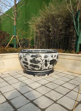 石雕鱼缸仿古青石鱼缸庭院养鱼缸景观石雕摆件荷花养别墅荷花缸