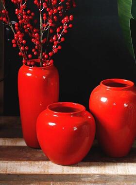 景德镇陶瓷花瓶中式现代客厅创意家居插假花干花装饰摆件台面红色