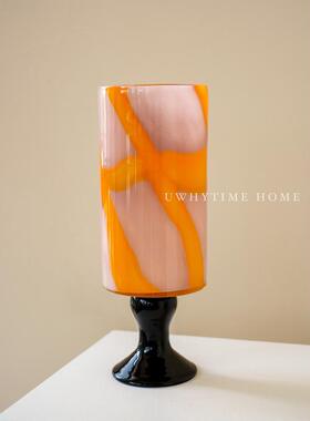 直筒玻璃花瓶彩色高脚中古创意设计新中式高级艺术桌面摆件花器