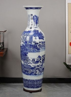手绘陶瓷景德镇青花瓷清明上河图落地大花瓶摆件客厅装饰品特大号