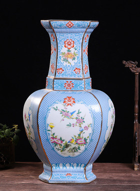 落地大花瓶珐琅彩瓷器花鸟瓶景德镇陶瓷六方家居客厅摆件工艺品