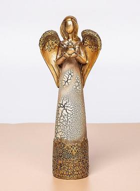 北欧仿古裂纹天使摆件金色书房玄关桌面装饰树脂工艺品厂家定制