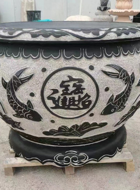 热销石雕花盆圆形花盆造景别墅荷天然石材摆件家用仿古青石圆形大