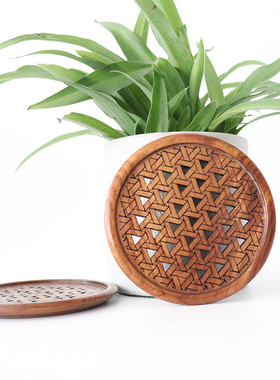 热销厂家直销木质酸枝木中国风镂空阴刻花纹圆形竹杯垫杯托防烫垫