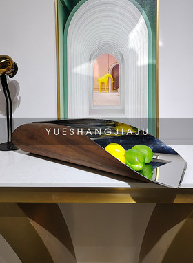热销现代创意装饰摆件木纹卷托盘金属果盘样板间售楼处客厅茶几不