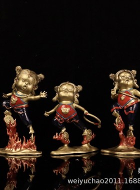 热销彩铜哪吒三太子摆件鎏金家居客厅办公室创意装饰三头六臂哪吒