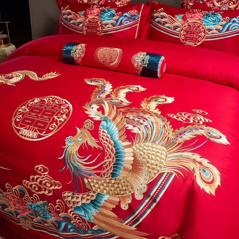100s婚庆四件套大红全棉龙凤刺绣新结婚喜庆被房嫁礼纯棉床上用品,淘宝优惠券,粉丝福利购,淘宝优惠卷