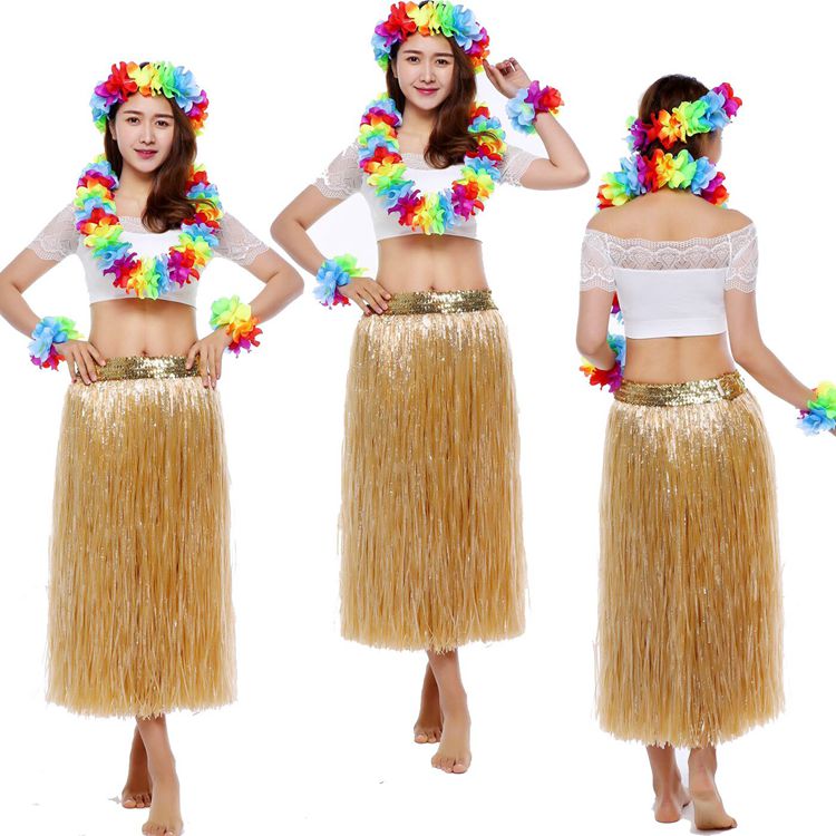 夏威夷成人男女双层加厚草裙舞服装80CM套装稻草色大溪地草裙套装 - 图1