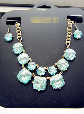 镀金冰蓝色大宝石轻奢项链耳环女