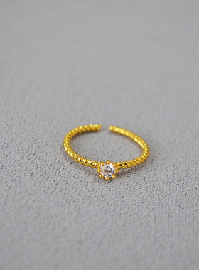 韩小众麻花开口戒指镀金锆石简约