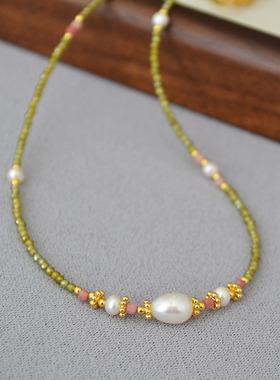 春天的色彩复古绿色锆石淡水珍珠串珠简约气质感极细项链锁骨链女