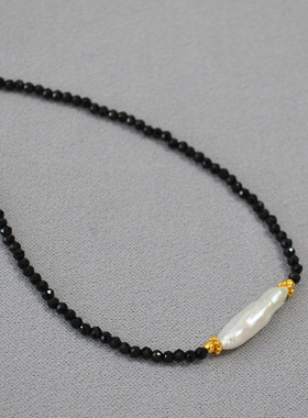 日韩简约项链黑尖晶巴洛克珍珠