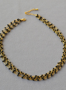 短款复古时尚黑尖晶锁骨链项链