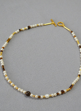 小众虎眼石简约项链珍珠黄铜镀金