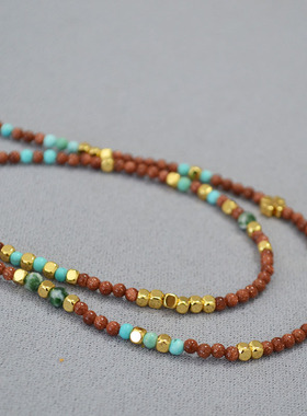 秋冬美拉德复古文艺金沙石绿松石串珠小众设计高级感项链毛衣