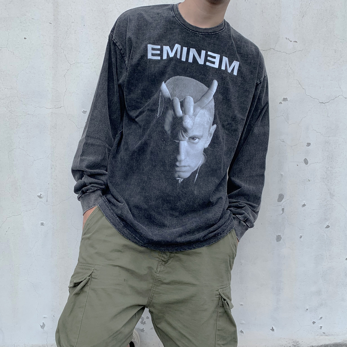 重洗高端Eminem Stan Rap人像小领口复古长袖纯棉新款阿姆T恤嘻哈 - 图0