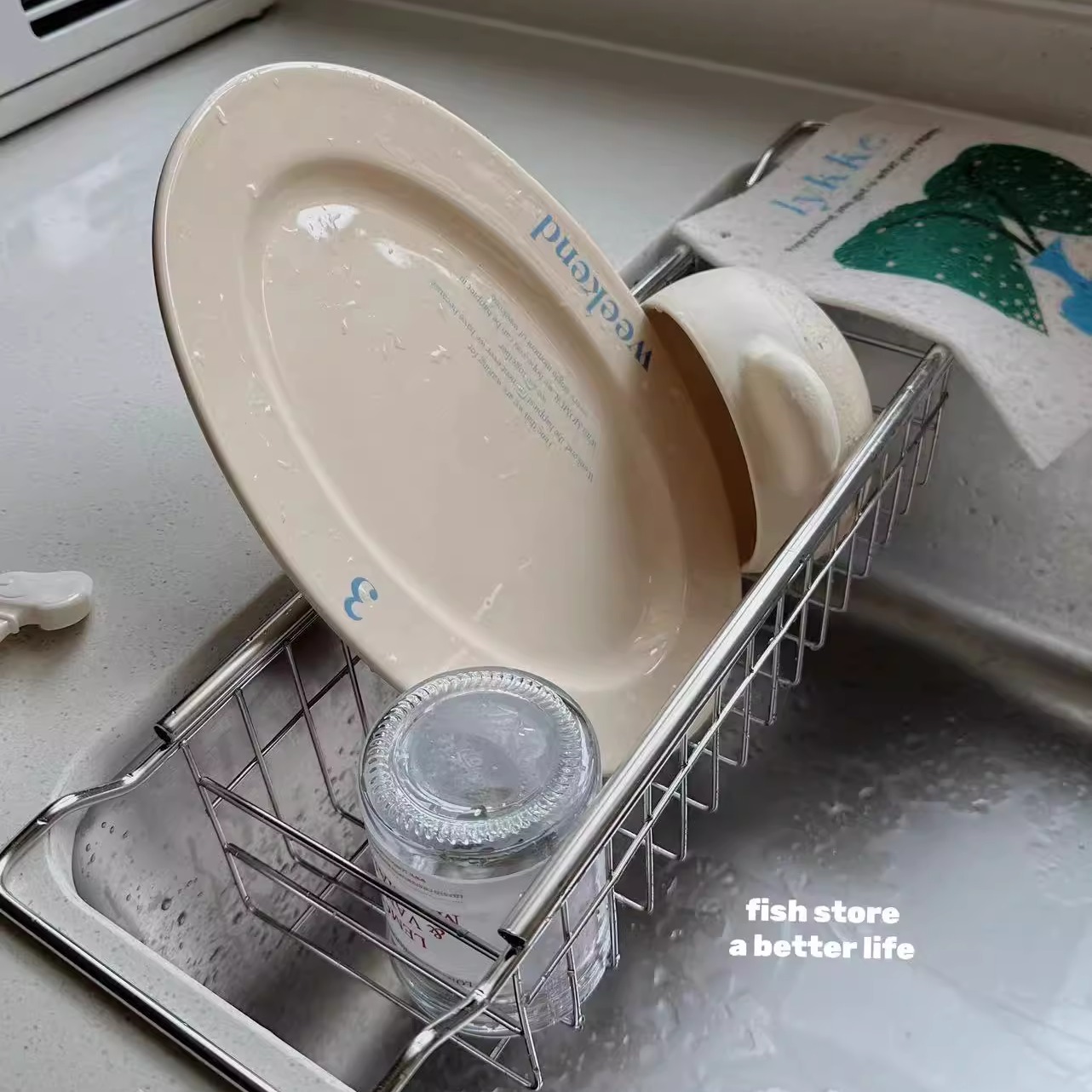 *Fish store*厨房用304不锈钢水槽置物架果蔬碗盘海绵伸缩沥水架 - 图2