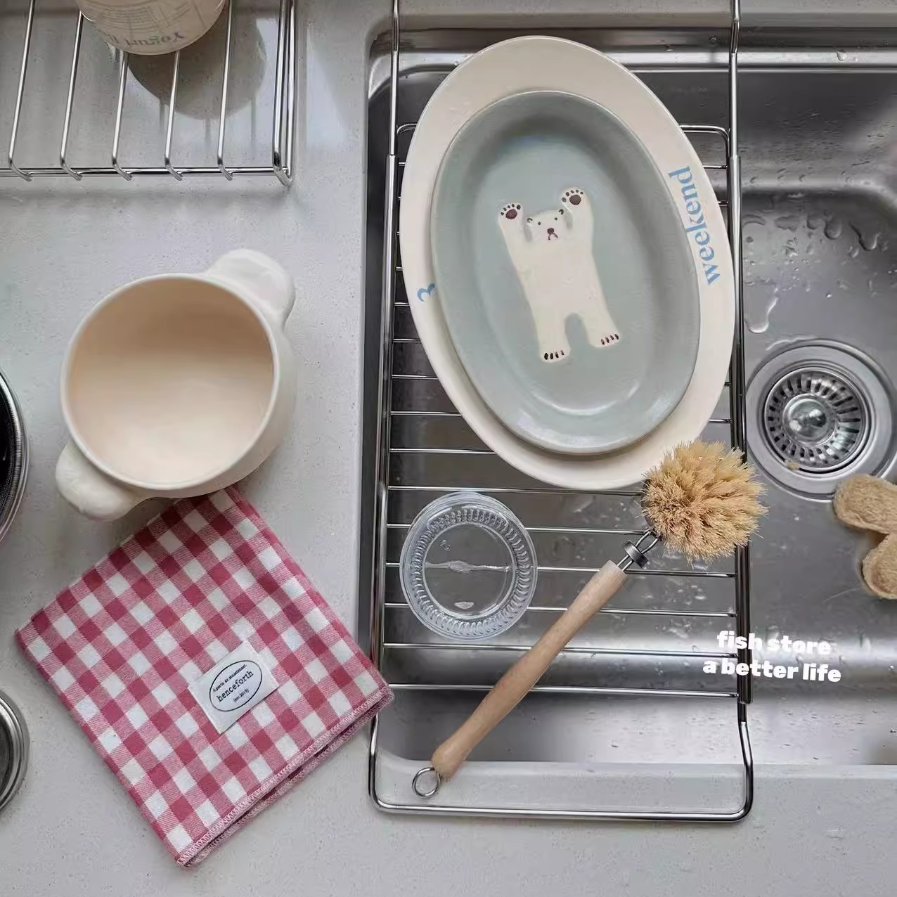*Fish store*厨房用304不锈钢水槽置物架果蔬碗盘海绵伸缩沥水架 - 图3