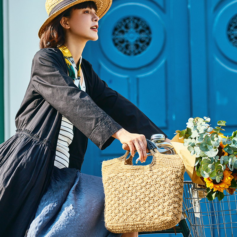 夏季手提包棉麻手工钩编织包羊皮把手日本杂志包日韩休闲女包大包