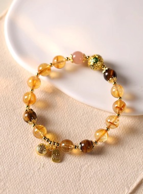 天然黄水晶手串女转运珠宫廷景泰蓝沙金补土金招财手链来财吞金兽