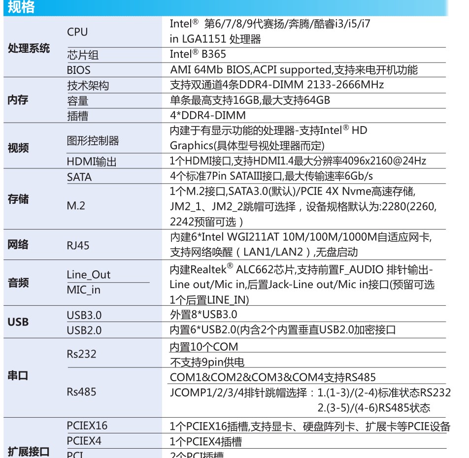 泽艮工控主板DX-B365-6L/B365主板6网10个com/485/M.2/PCI支持9代-图3