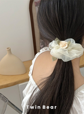 法式田园感 仙女风欧根纱鹅黄色大肠圈复古玫瑰花皮筋发圈头绳