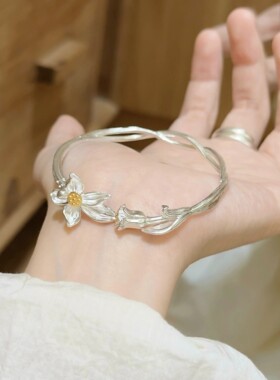 莲理枝手镯足银9999纯银新中式国风复古小众精致莲花玫瑰银饰生日