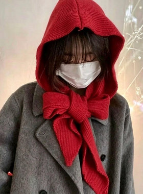 秋冬季新款针织连帽一体披肩女纯色保暖时尚叠穿坎肩百搭韩系围巾