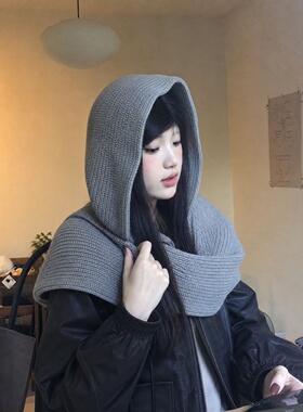 连帽披肩围巾秋冬帽子一体保暖围脖外搭设计感护颈针织条纹坎肩女