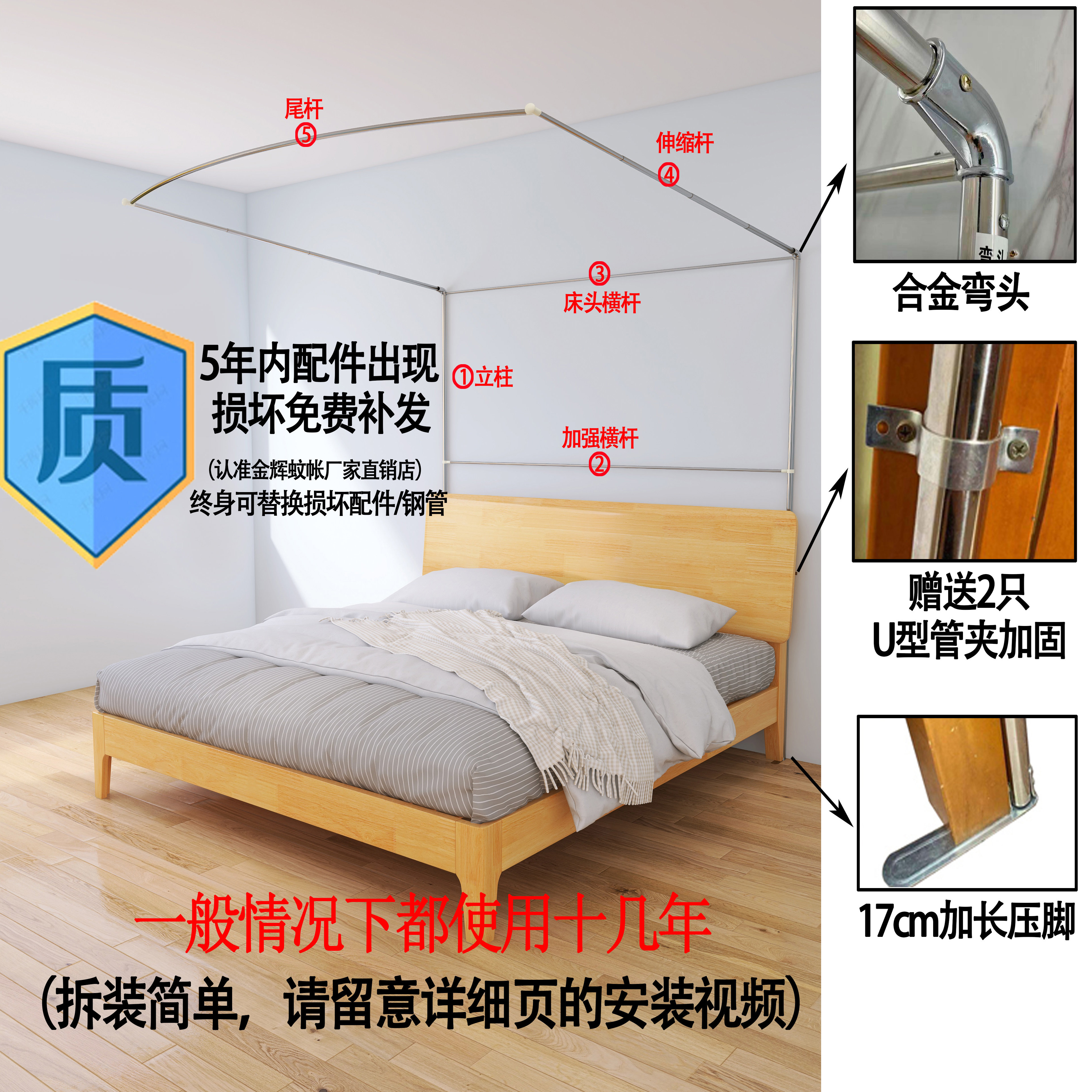 U型可拆洗伸缩床帘加密家用高单三门蚊帐落地厚不锈钢架1.35m1.5 - 图0