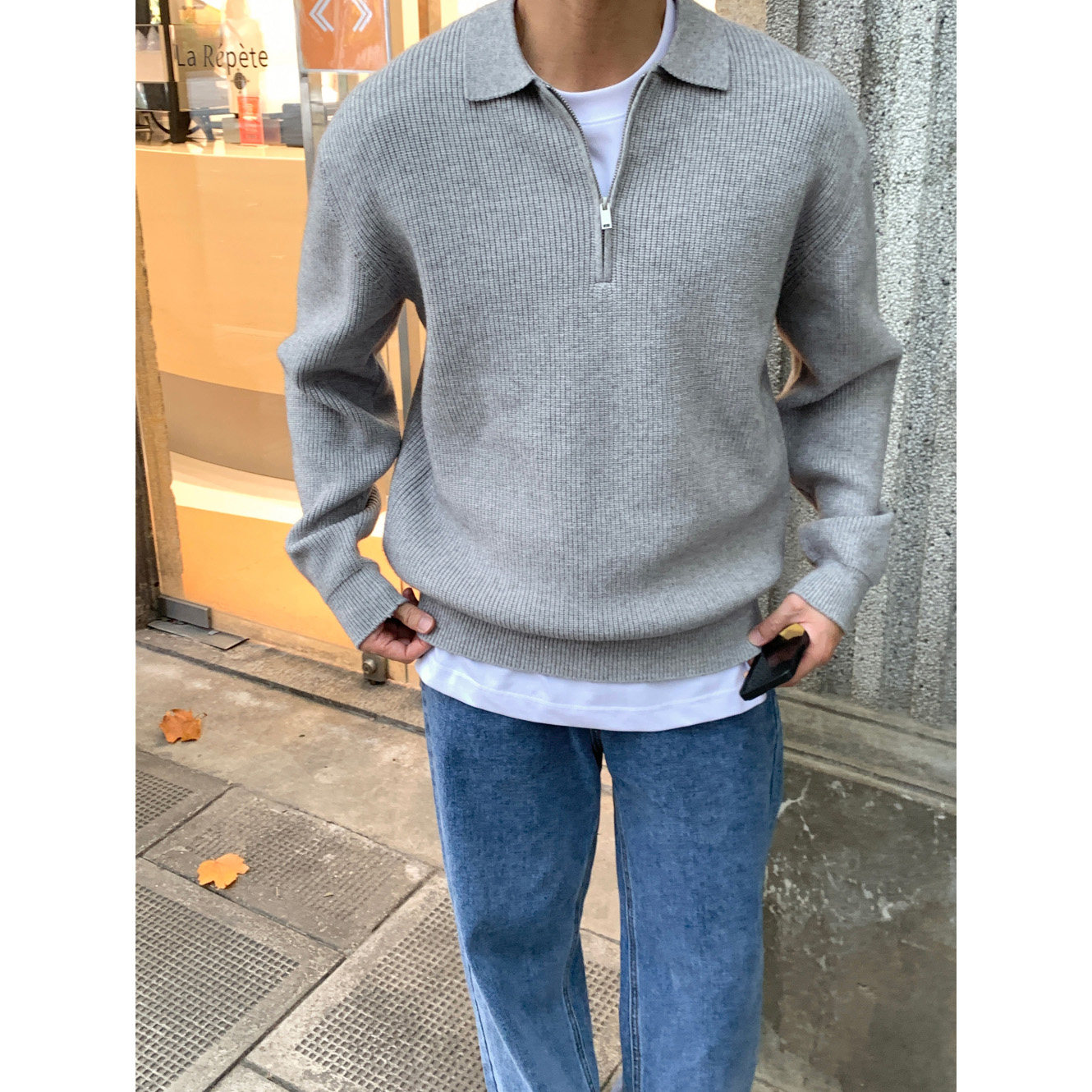 韩国东大门代购秋冬高品轻熟百搭纹理半拉链重工套头针织衫男毛衣,淘宝优惠券,粉丝福利购,淘宝优惠卷