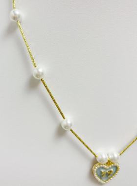 蓝色爱心珍珠贝珠项链 带首饰盒