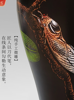 非遗黑陶仿古工艺品装饰摆件花瓶柳枝蝉纯手工雕刻彩绘瓶送领导