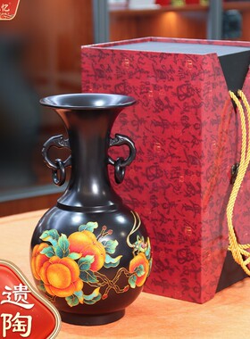 山东非遗济南龙山黑陶工艺品花瓶摆件景泰蓝双耳瓶事事如意送领导