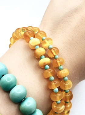原创天然蜜蜡琥珀盘珠手串绿松隔珠金绞蜜双圈女款手链烧蓝银配珠