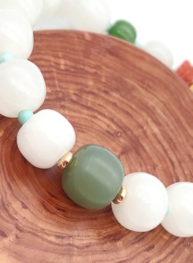 天然和田白玉手串老型珠原矿绿松隔珠碧玉莲蓬南红羽毛配珠原创