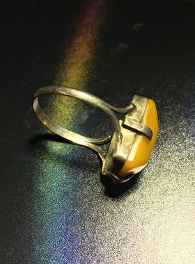 福利特价孤品欧洲回流古董戒指天然老蜜蜡鸡油黄满蜜方戒面纯银镶