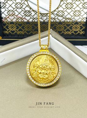 金店同款沙金镶钻转动黄财神吊坠铜镀金高保色新中式国风挂坠