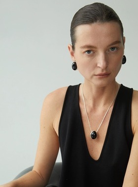 欧美复古黑玛瑙水滴吊坠项链女小众设计高级感夸张黑色椭圆耳钉