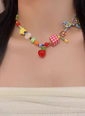 2026新款多巴胺彩色苹果星星串珠项链网红轻奢小众夏日炫彩锁骨链