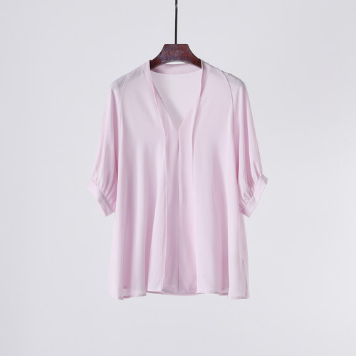 真丝鬼绉 轻盈舒适真丝v领上衣 桑蚕丝短袖T恤 - 图0