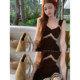 Retro stitching V-neck dress knitted cardigan suit