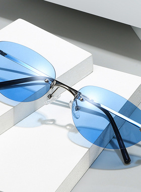 中古时髦无边框蓝色椭圆猫眼墨镜