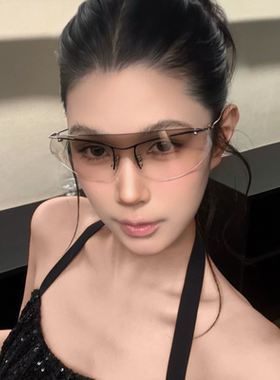 欧美风连体无框猫眼墨镜Y2K水银色亚裔辣妹风防风镜骑行太阳镜女