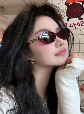 韩版甜妹椭圆形猫眼红色墨镜女款