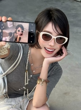 白色猫眼墨镜女方圆脸显瘦高级感