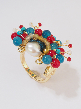 国风精致淡水珍珠彩色刀马旦戒指女新中式轻奢高级感开口指环