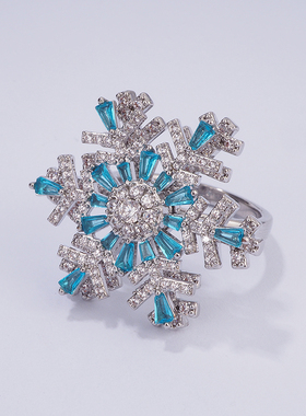 原创设计【冰晶旋舞】蓝色旋转雪花开口戒指女水时尚百搭指环